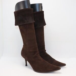 Lorenzo Masiero‎ Suede Foldover Boots 39.5 US9 Brown Womens Pointed Toe Stiletto